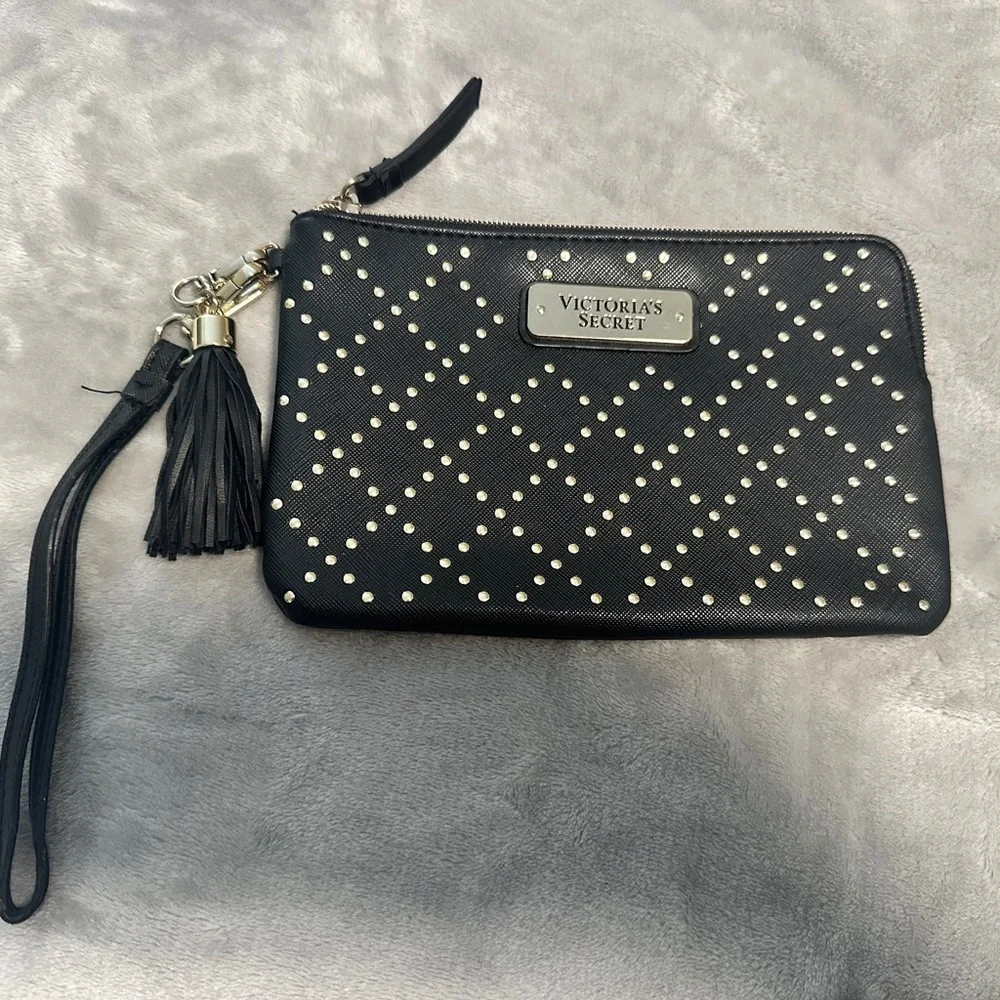 Victoria's Secret Studded Wristlet Clutch Black Tassel Zip Wallet New